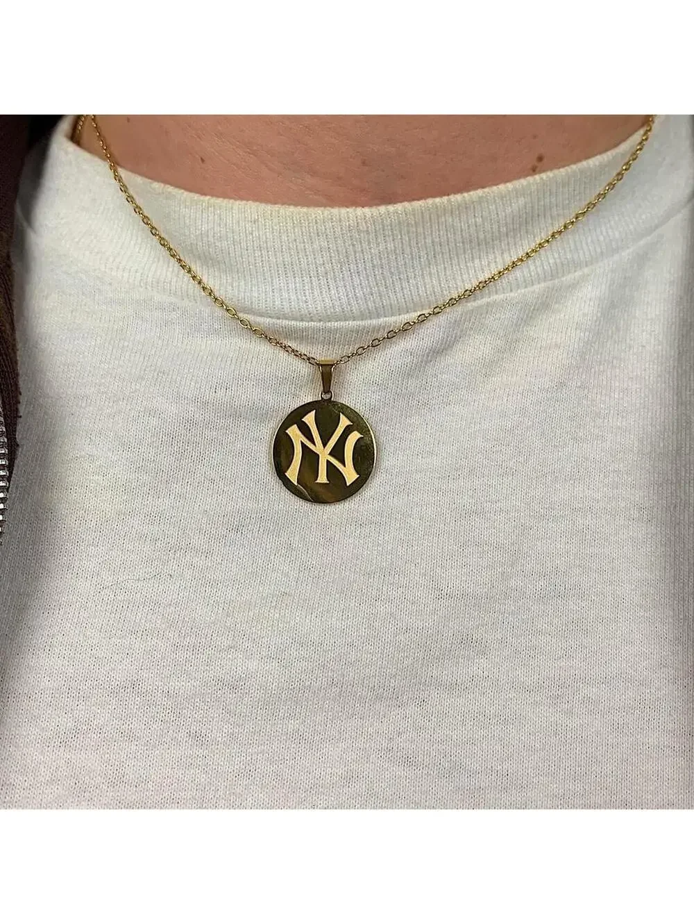 Y2k 2000s New York Yankees Circle Pendant Stainless Steel Gold Plated necklace.